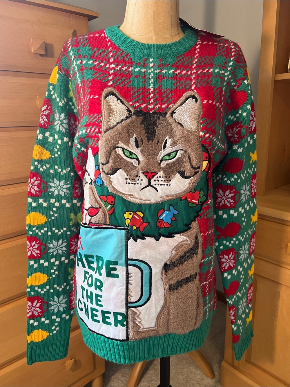 Festive Cat Crewneck Sweater - Green & Red